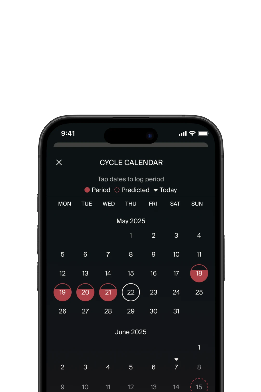 The Polsen app showing cycle tracking