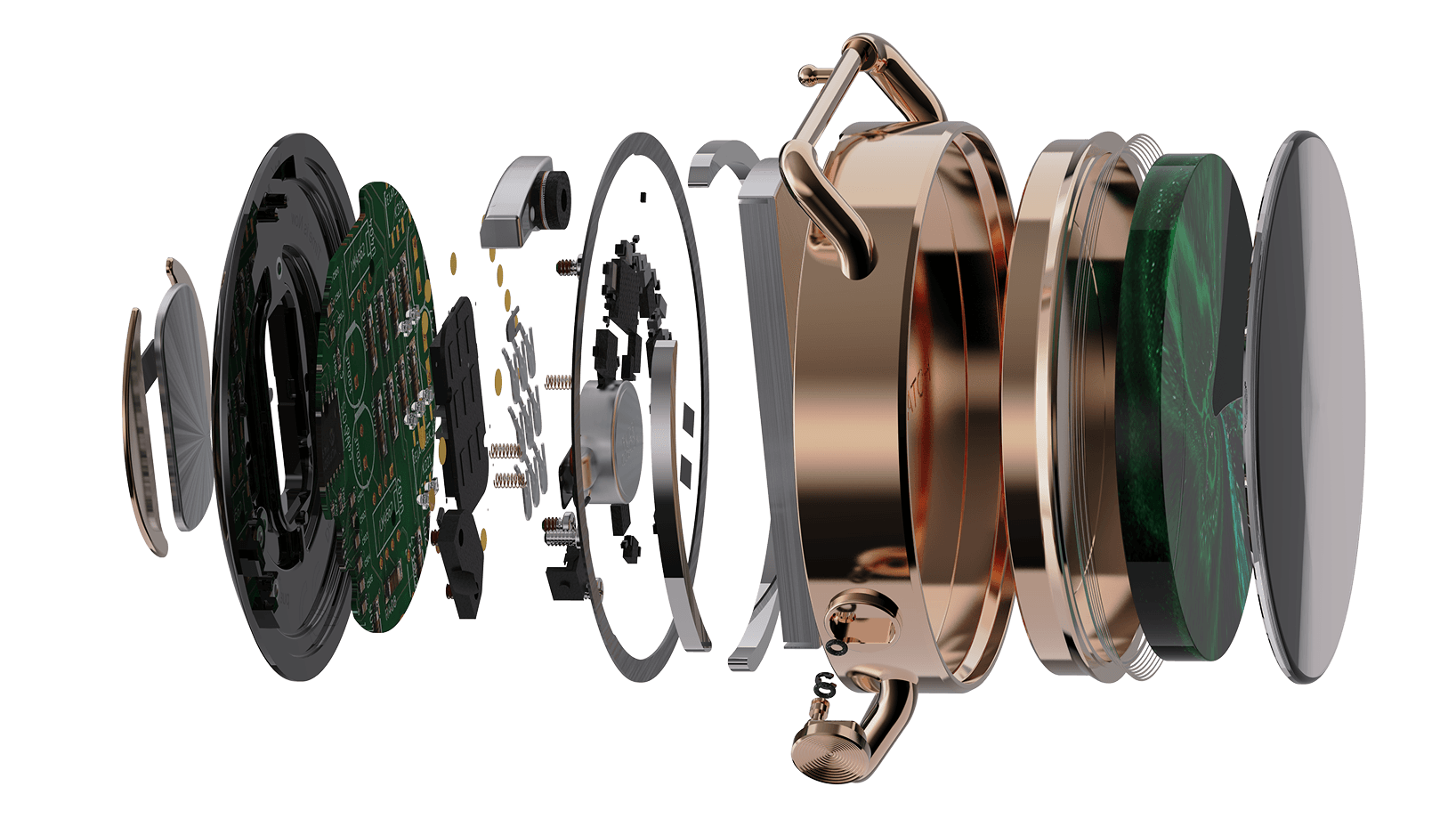 Exploded view of the Polsen watch showing the sensors inside the case