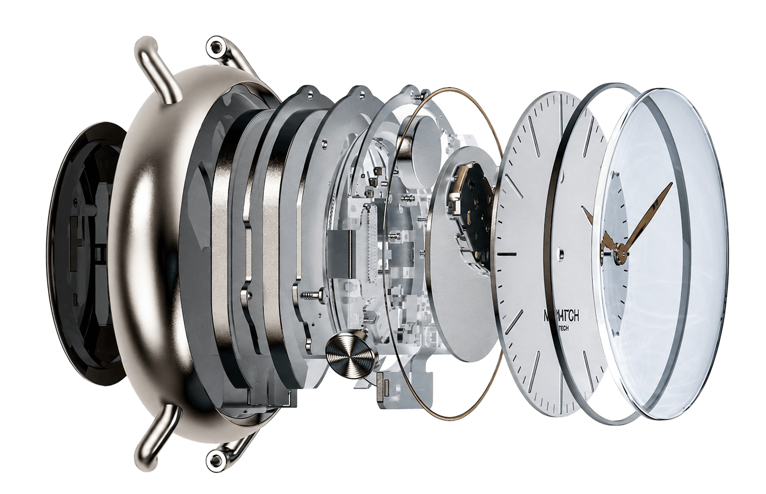 Exploded view of the Polsen watch showing the sensors inside the case